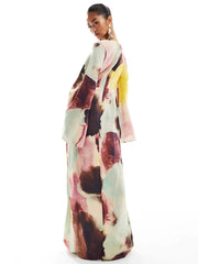 Abstract Watercolor Print Ultra-Long Dress Mssaz Desses