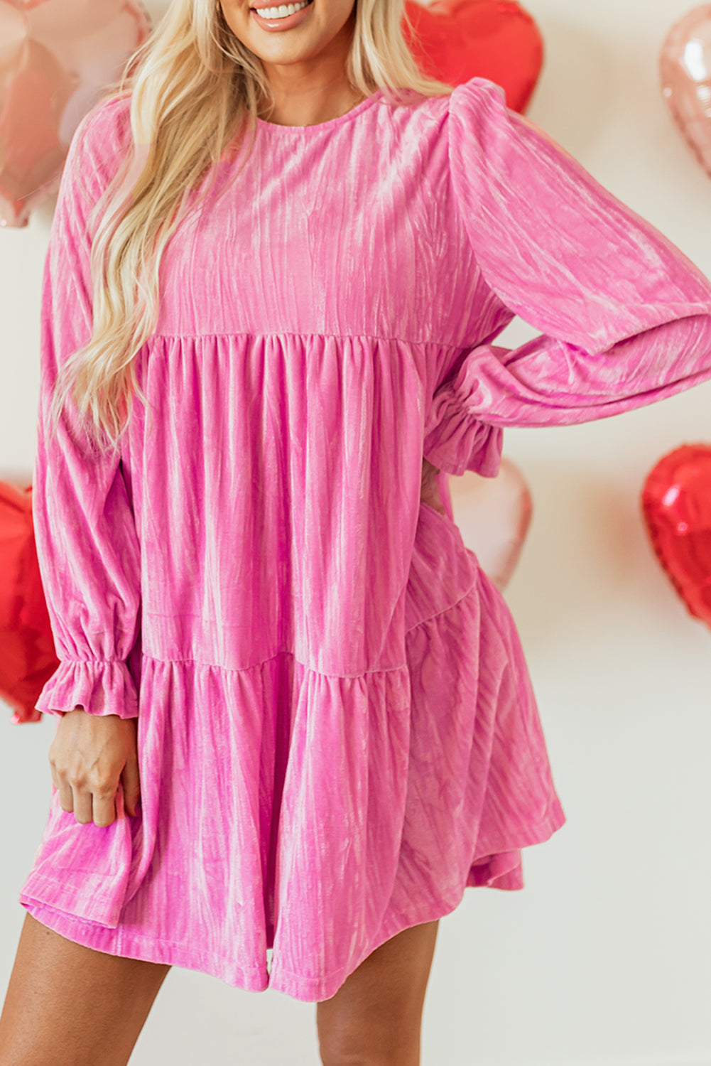 Strawberry Pink Flounce Sleeve Tiered Ruffled Velvet Mini Dress Mssaz Desses