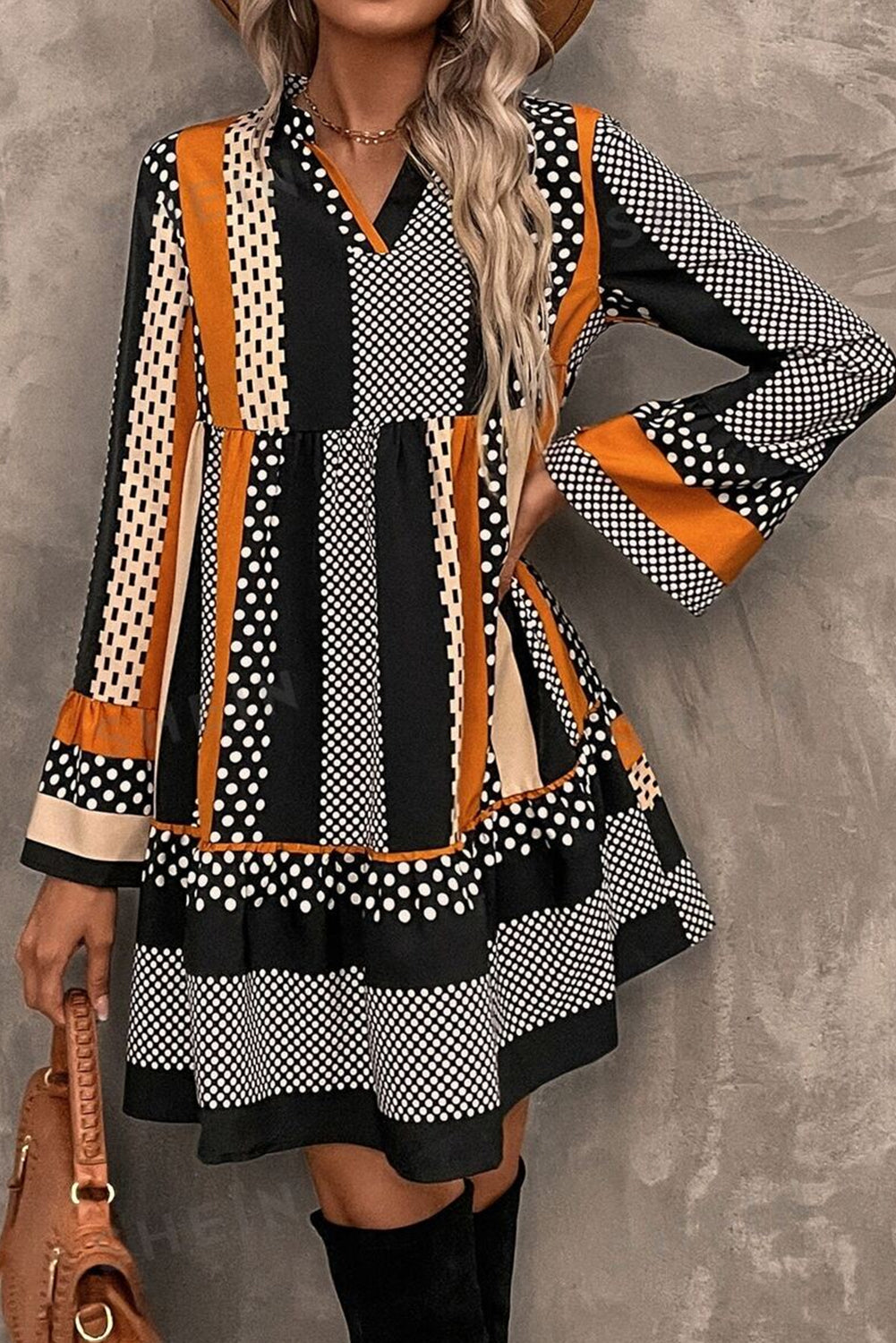 Black Striped Polka Dot Print Ruffled Hem V Neck Mini Dress Mssaz Desses