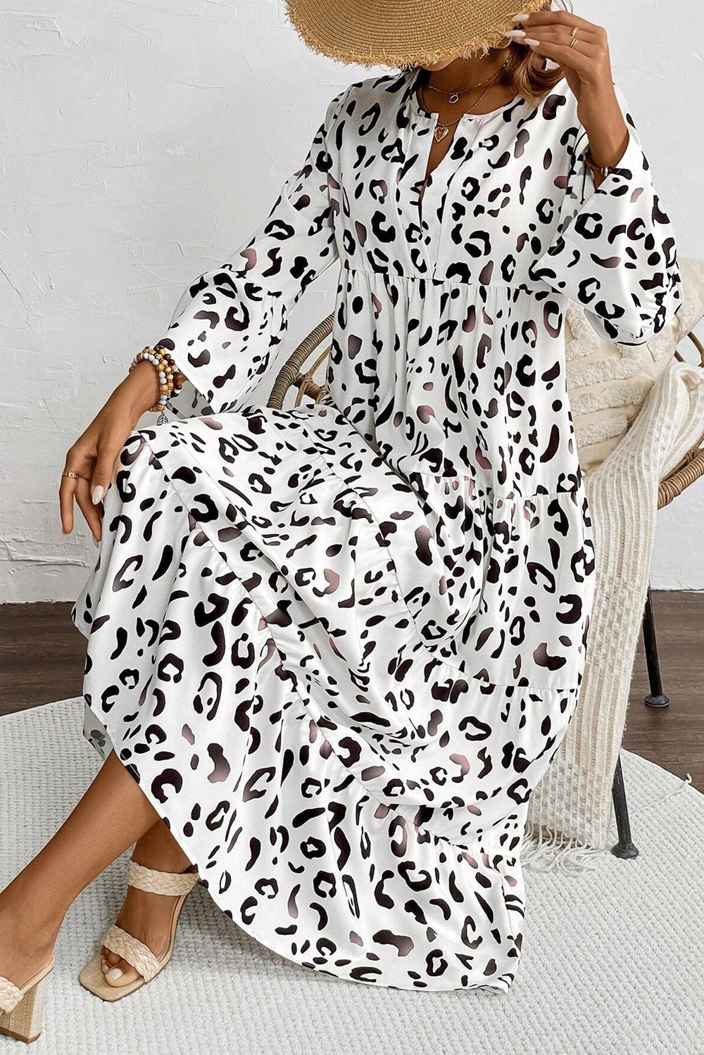White Leopard Print Notch V Neck Loose Fit Maxi Dress Mssaz Desses