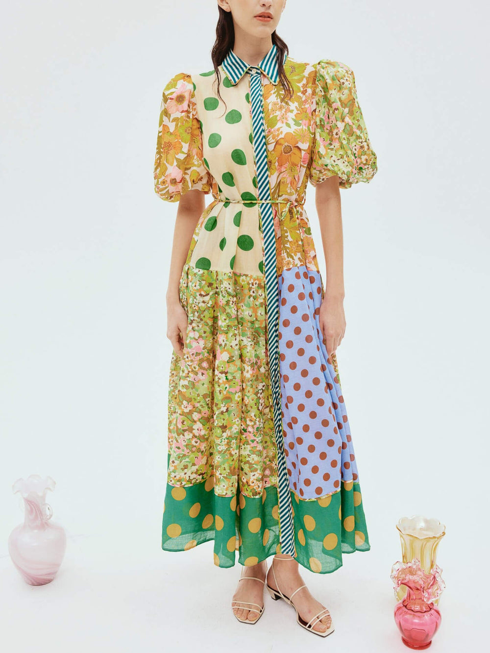 Exquisite Retro Floral Print Puff Sleeve Midi Dress Mssaz Desses