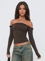 Elegant Bateau Off-shoulder Solid Color Long Sleeve T-shirt Mssza