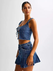 Casual Front Tie Crop Top And Mini Skirt Denim Two Piece Set Mssza
