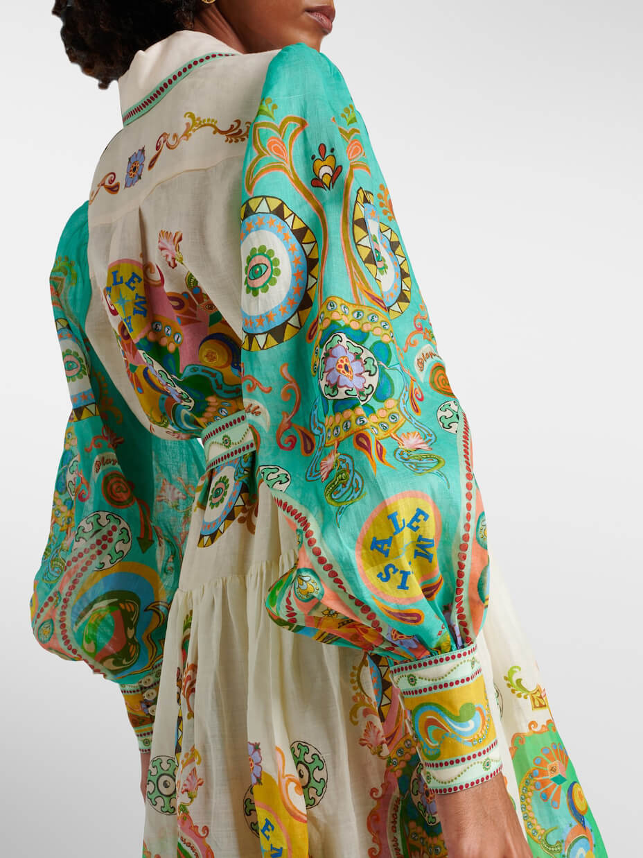 Unique Exquisite Print Puff Sleeve Tie Midi Dress Mssaz Desses