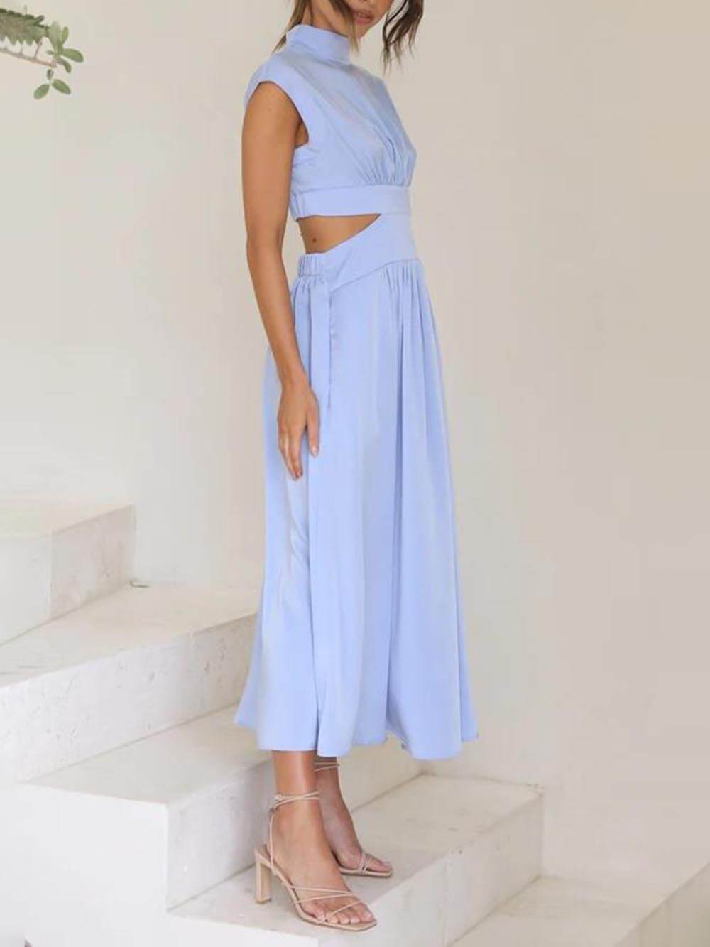 Cutout Waist Pocketed Vacation Midi Dress Mssaz Desses