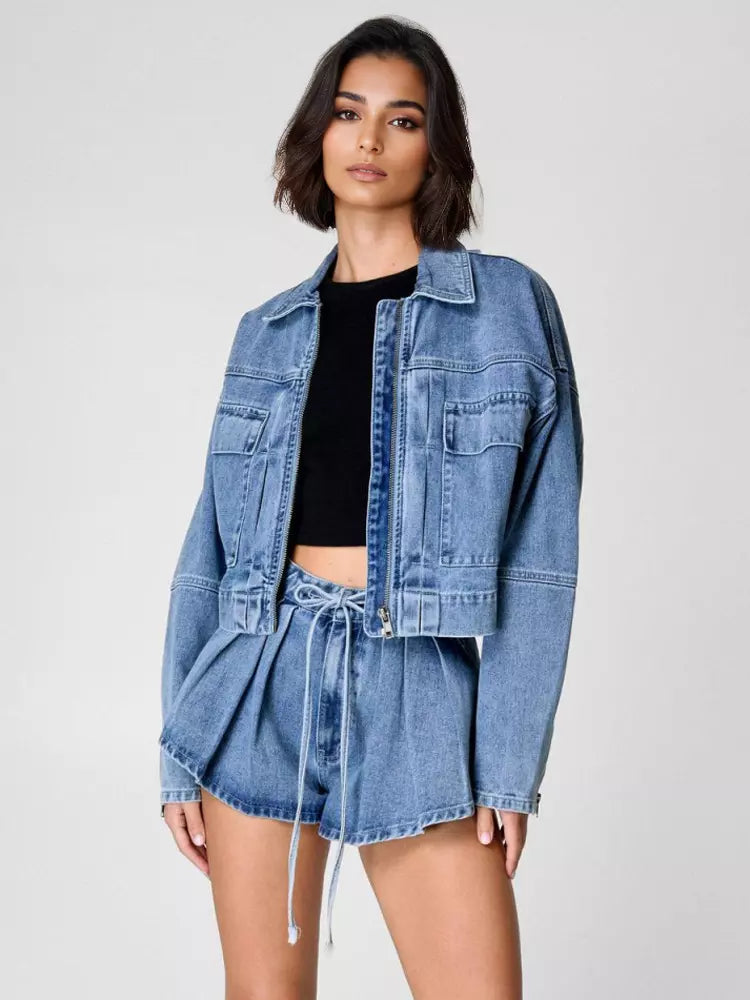 Casual Bomber Jacket And Trendy Short Denim Two-Piece Set Mssza