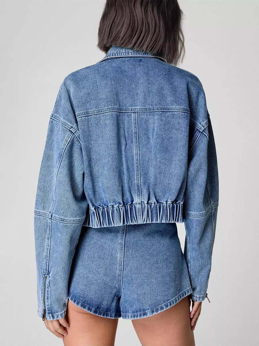 Casual Bomber Jacket And Trendy Short Denim Two-Piece Set Mssza