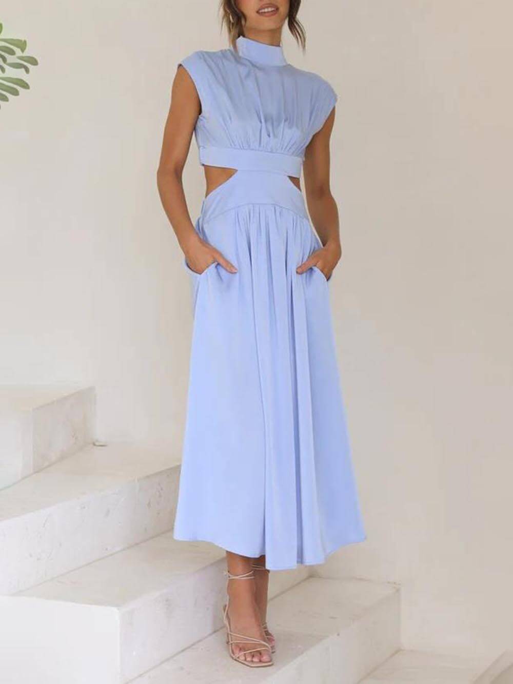 Cutout Waist Pocketed Vacation Midi Dress Mssaz Desses