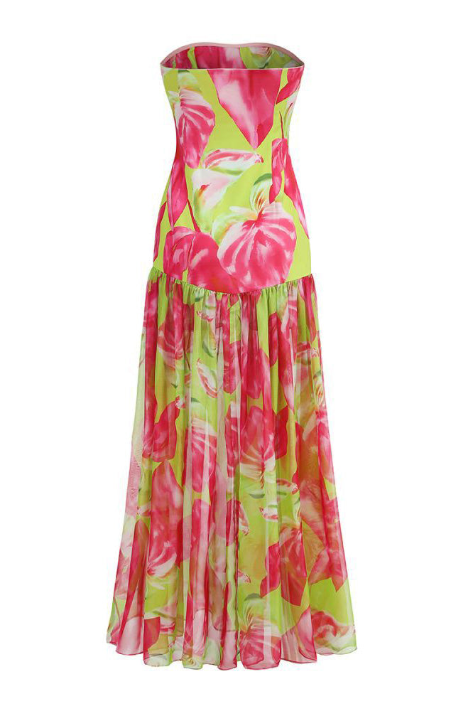 Pam Printed Strapless Slit Maxi Dress Mssaz Desses