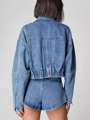 Casual Bomber Jacket And Trendy Short Denim Two-Piece Set Mssza