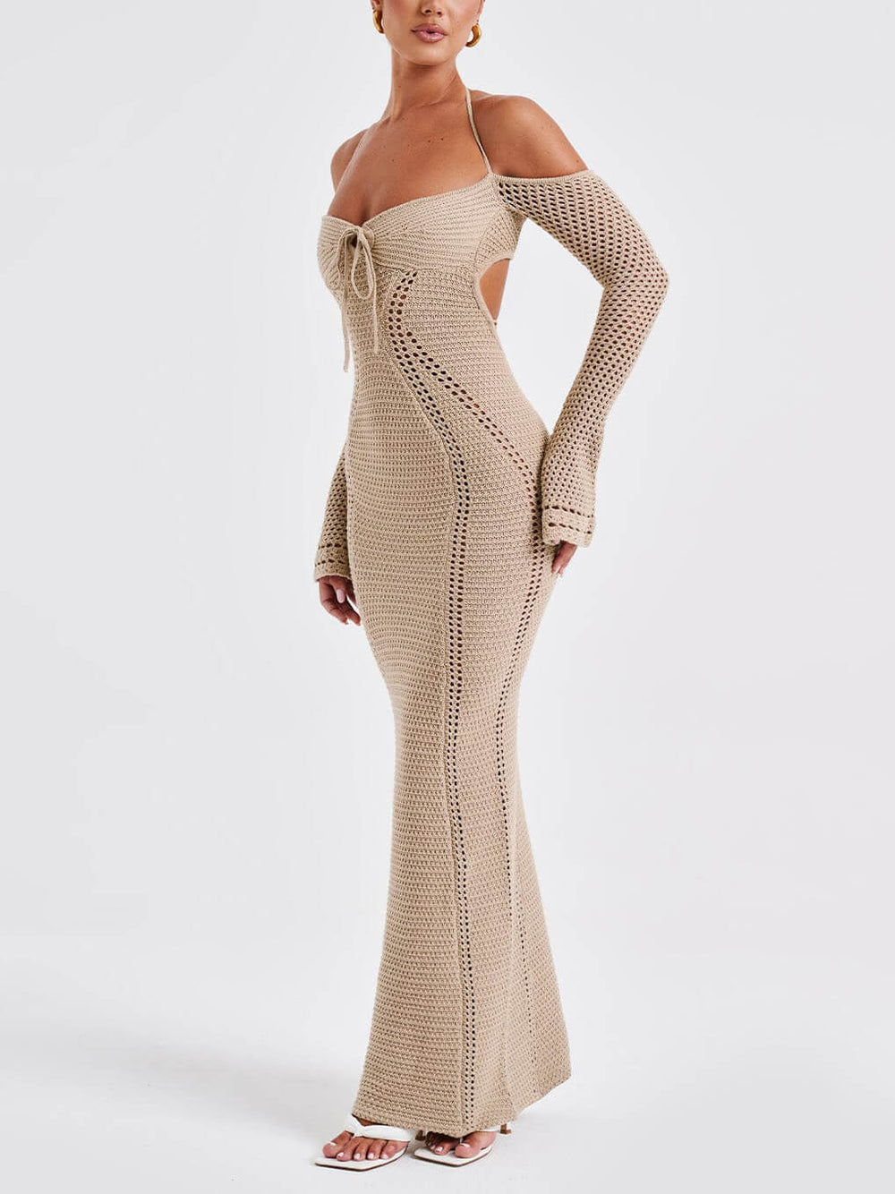 Backless Suspender Slim Hollow Long Sleeve Dress Mssaz Desses