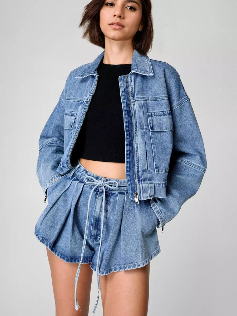 Casual Bomber Jacket And Trendy Short Denim Two-Piece Set Mssza
