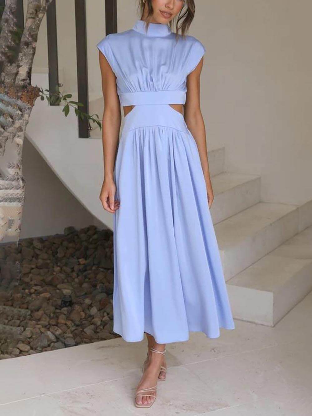 Cutout Waist Pocketed Vacation Midi Dress Mssaz Desses