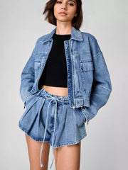 Casual Bomber Jacket And Trendy Short Denim Two-Piece Set Mssza