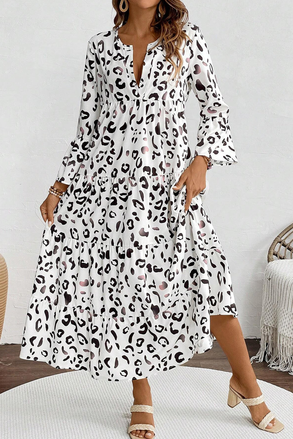 White Leopard Print Notch V Neck Loose Fit Maxi Dress Mssaz Desses