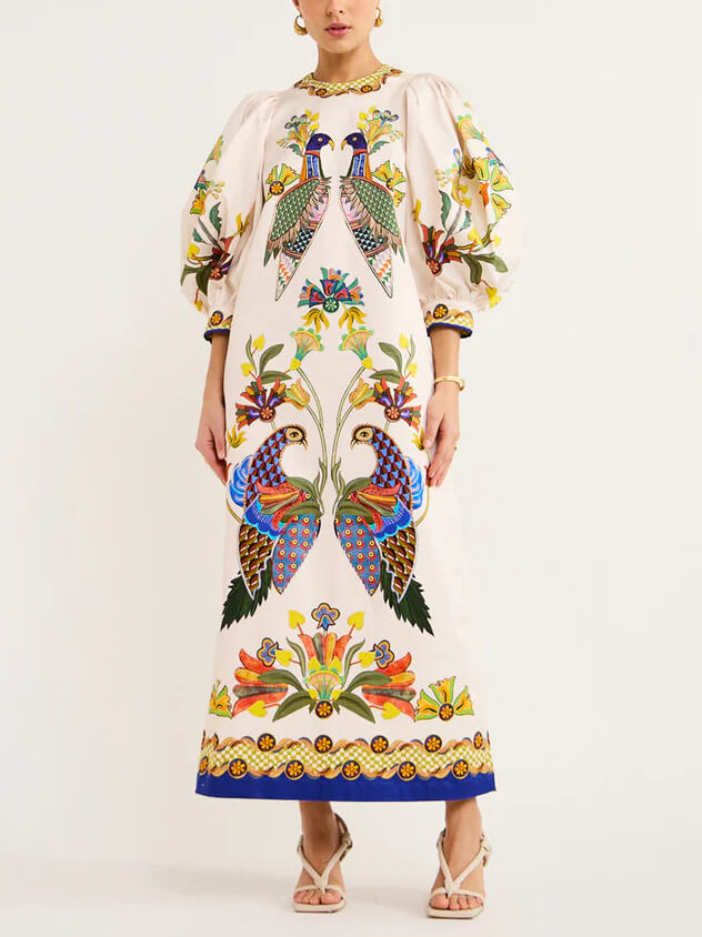 Exquisite And Fun Printed Puff Sleeves Loose Casual Midi Dress Mssaz Desses