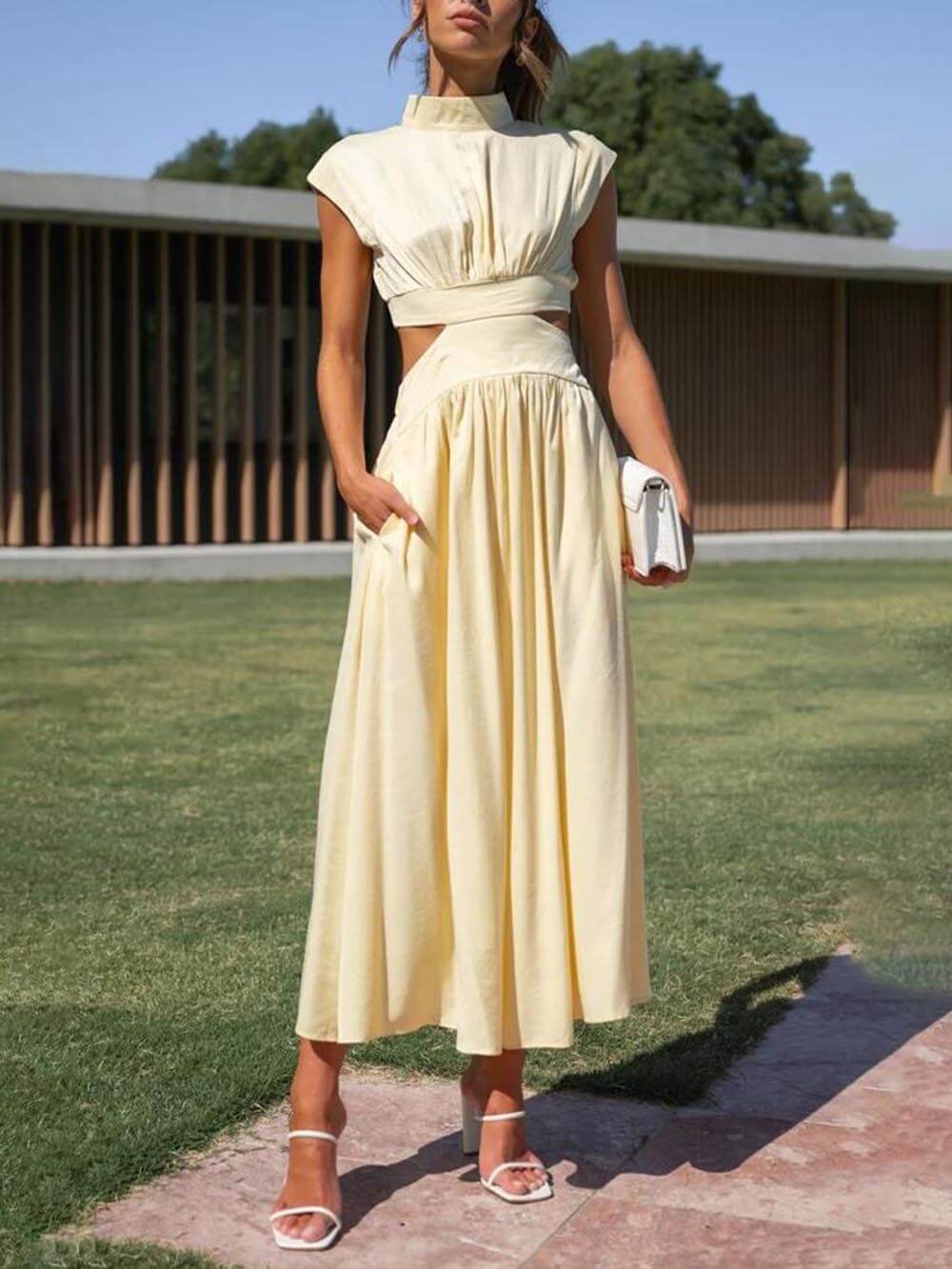 Cutout Waist Pocketed Vacation Midi Dress Mssaz Desses