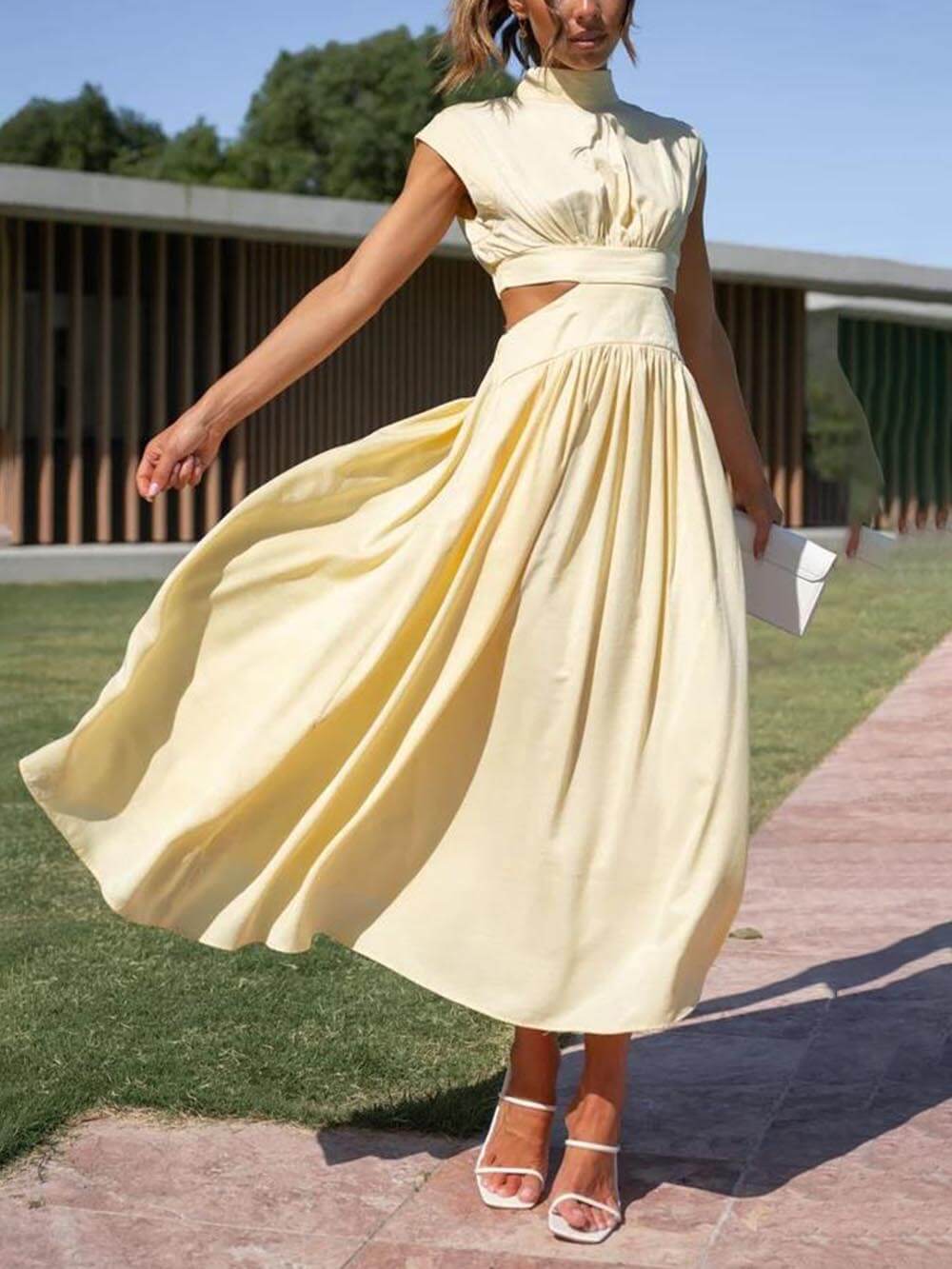 Cutout Waist Pocketed Vacation Midi Dress Mssaz Desses