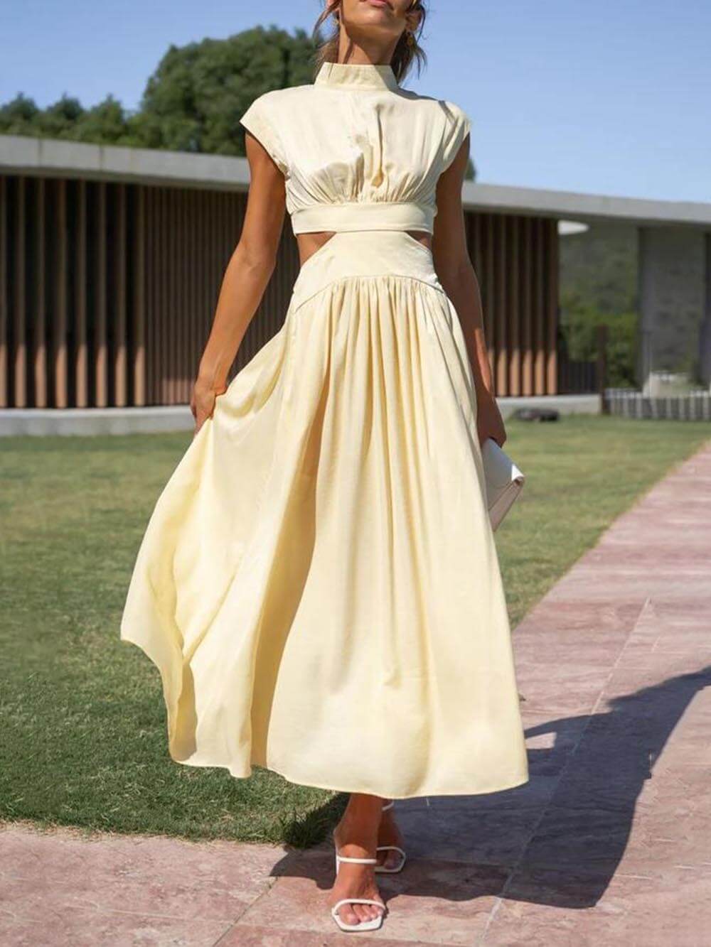 Cutout Waist Pocketed Vacation Midi Dress Mssaz Desses