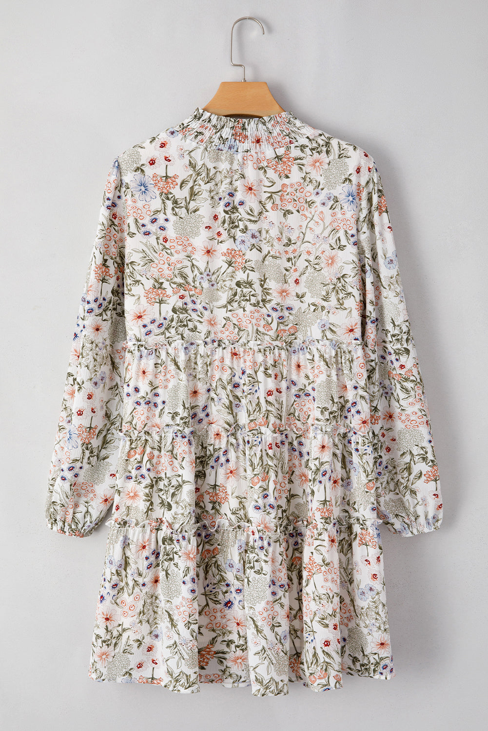 Green Floral Print Tiered Frilled Shirred Mock Neck Mini Dress Mssaz Desses