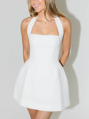 Halterneck Open-Back High-Waisted A-Line Wide-Hem Mini Dress Mssaz Desses