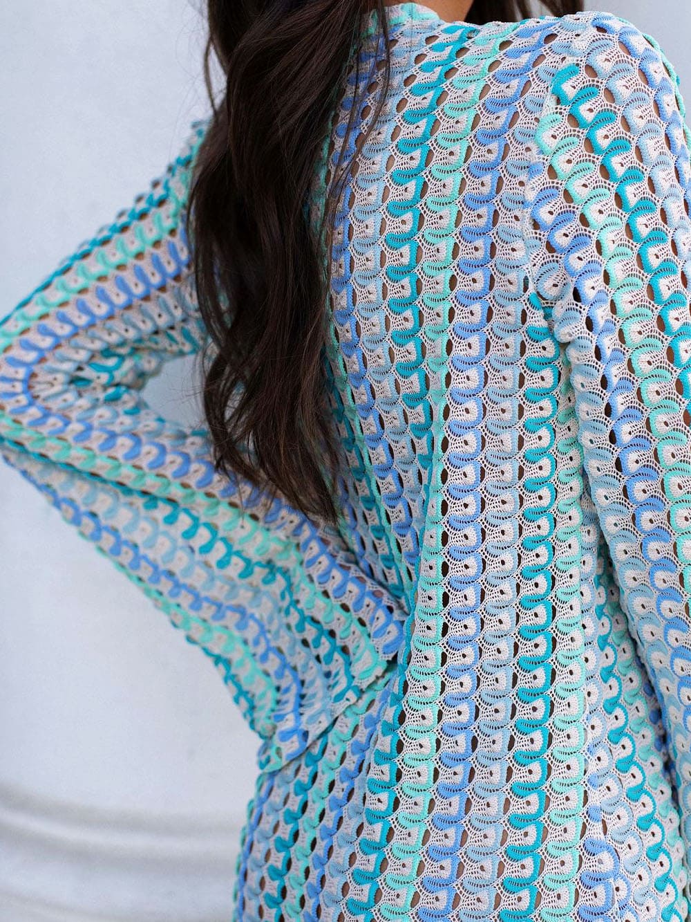Boho V Neck Bell Sleeve Wavy Striped Crochet Beach Vacation Maxi Dress Blue Mssaz Desses
