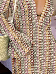 Boho V Neck Bell Sleeve Wavy Striped Crochet Beach Vacation Maxi Dress Brown Mssaz Desses