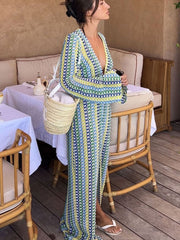 Boho V Neck Bell Sleeve Wavy Striped Crochet Beach Vacation Maxi Dress Yellow Mssaz Desses