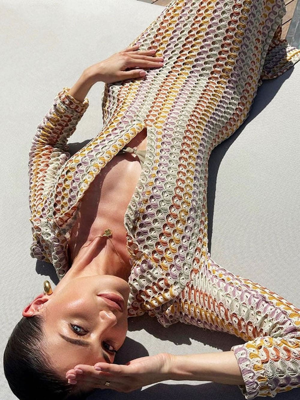 Boho Collared V Neck Split Wavy Striped Crochet Beach Vacation Maxi Dress Brown Mssaz Desses