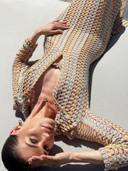 Boho Collared V Neck Split Wavy Striped Crochet Beach Vacation Maxi Dress Brown Mssaz Desses