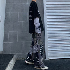 Korean retro stitching loose casual straight-leg pants Mssza
