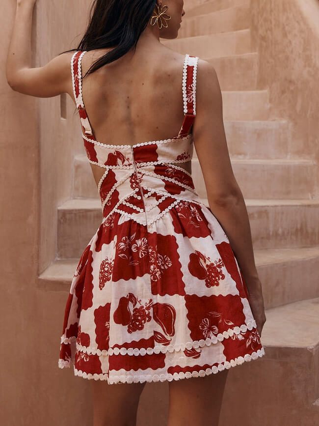 Floral Decorative Unique Print V-Neck Hollow A-Line Mini Dress Mssaz Desses