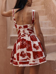 Floral Decorative Unique Print V-Neck Hollow A-Line Mini Dress Mssaz Desses