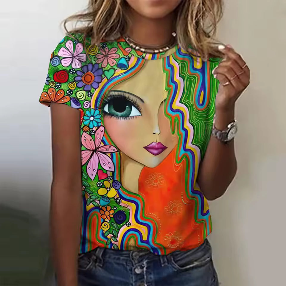 3d Floral Girls Face Painting Short Sleeve Tees Oversized T-Shirts Mssza