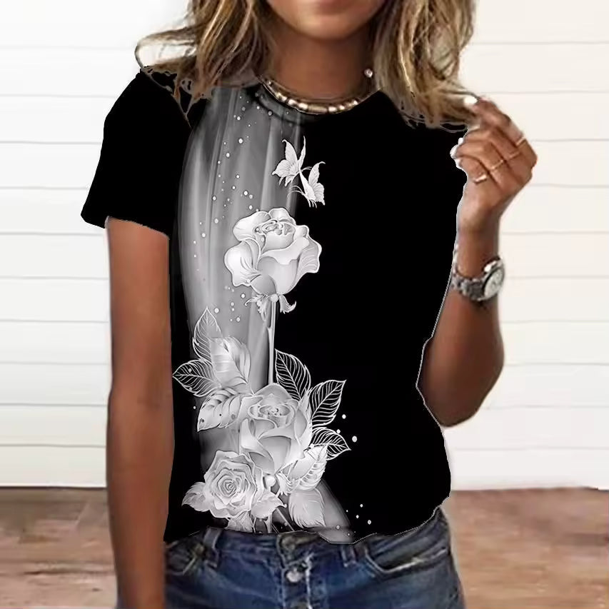 3d Floral Print Tee Short Sleeve Clothing Everyday Large Size T Shirt Mssza