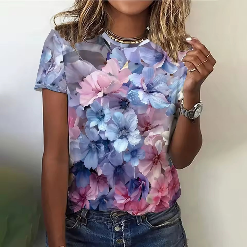 3d Floral Printing Casual Tees Print Oversized Pullover T-Shirts Mssza
