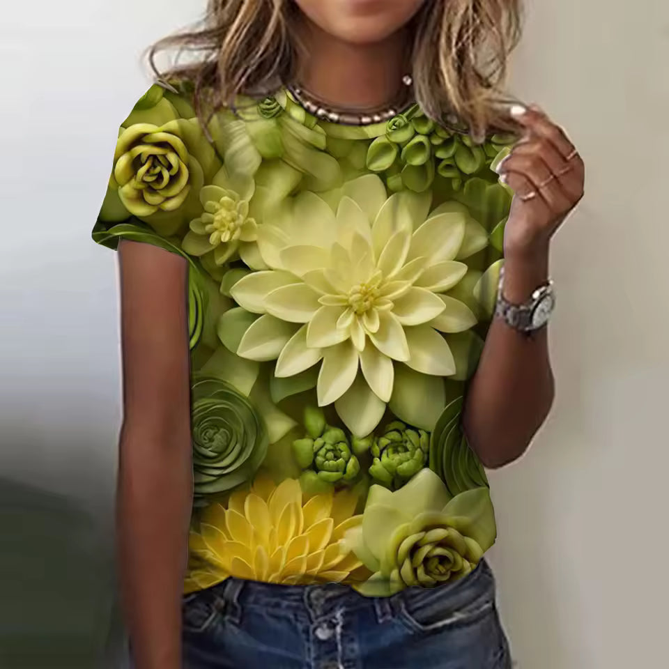3d Floral Printing Short Sleeve Tees Basic Oversized Tops Mssza