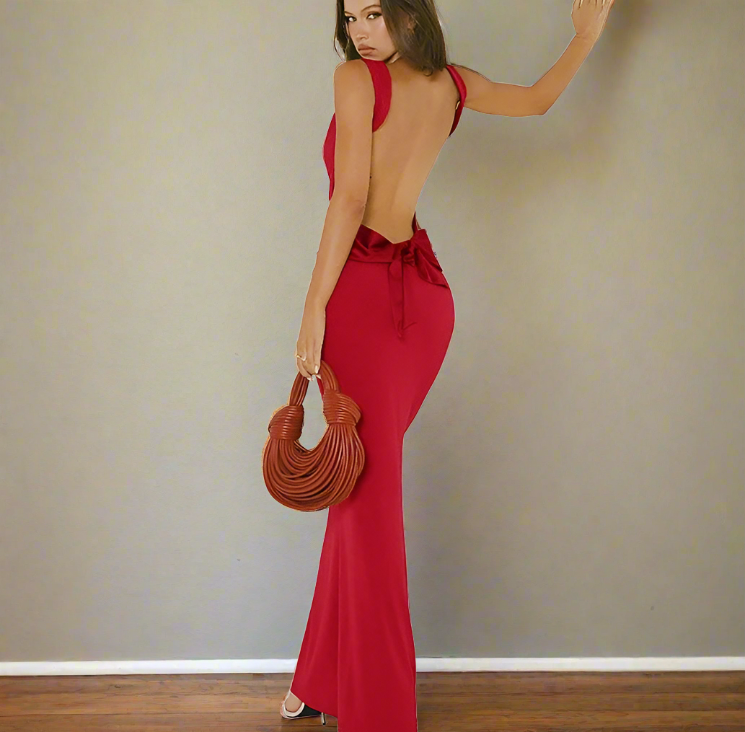 Bow Open Back Cowl Neck Long Dresses For Women Mssaz Desses