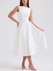Stylish And Elegant Solid Color Round Neck Backless Sleeveless Midi Dress Mssaz Desses