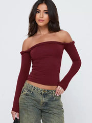 Elegant Bateau Off-shoulder Solid Color Long Sleeve T-shirt Mssza