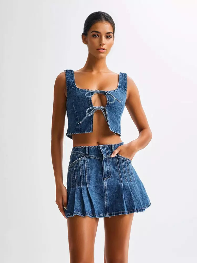 Casual Front Tie Crop Top And Mini Skirt Denim Two Piece Set Mssza