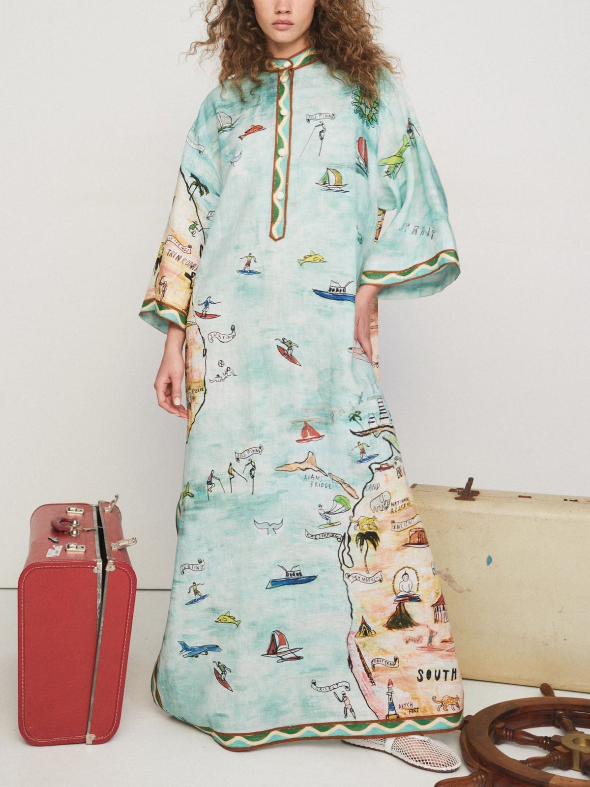Modern Satin Art Island Print Slit Maxi Dress Mssaz Desses