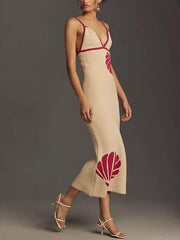 Knitted Suspender Halterneck V-Neck Backless  Midi Dress Mssaz Desses