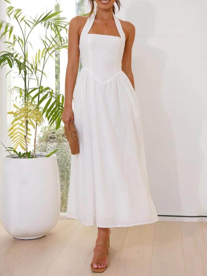Halter Neck Waist Little Black Dress Mid Length Dress Mssaz Desses