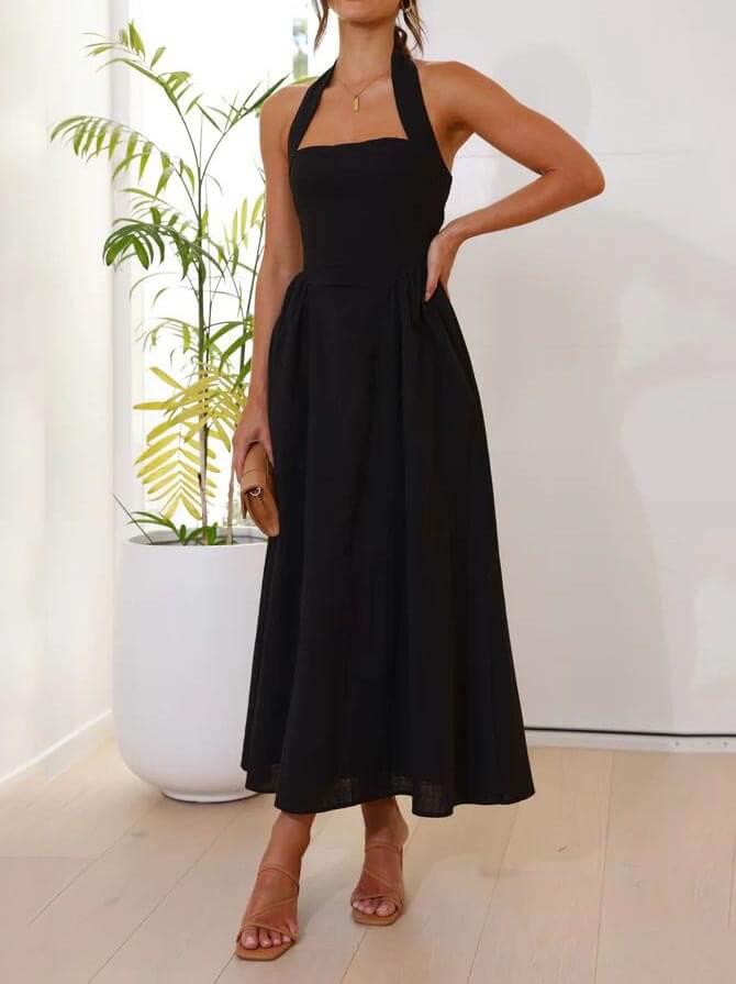 Halter Neck Waist Little Black Dress Mid Length Dress Mssaz Desses