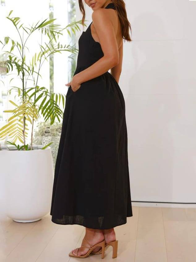 Halter Neck Waist Little Black Dress Mid Length Dress Mssaz Desses