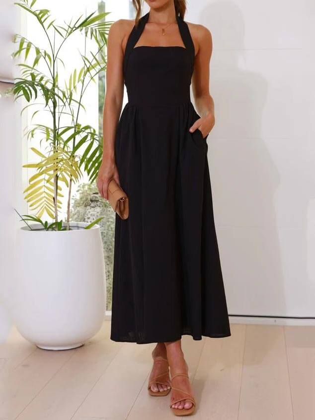 Halter Neck Waist Little Black Dress Mid Length Dress Mssaz Desses