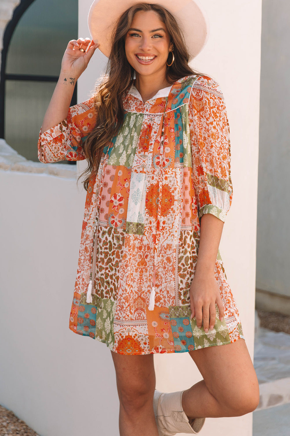 Orange Boho Paisley Mixed Print 3/4 Sleeve Chiffon Loose Dress Mssaz Desses