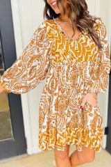 Orange Bohemian Print Puff Sleeve Tied V Neck Flared Mini Dress Mssaz Desses