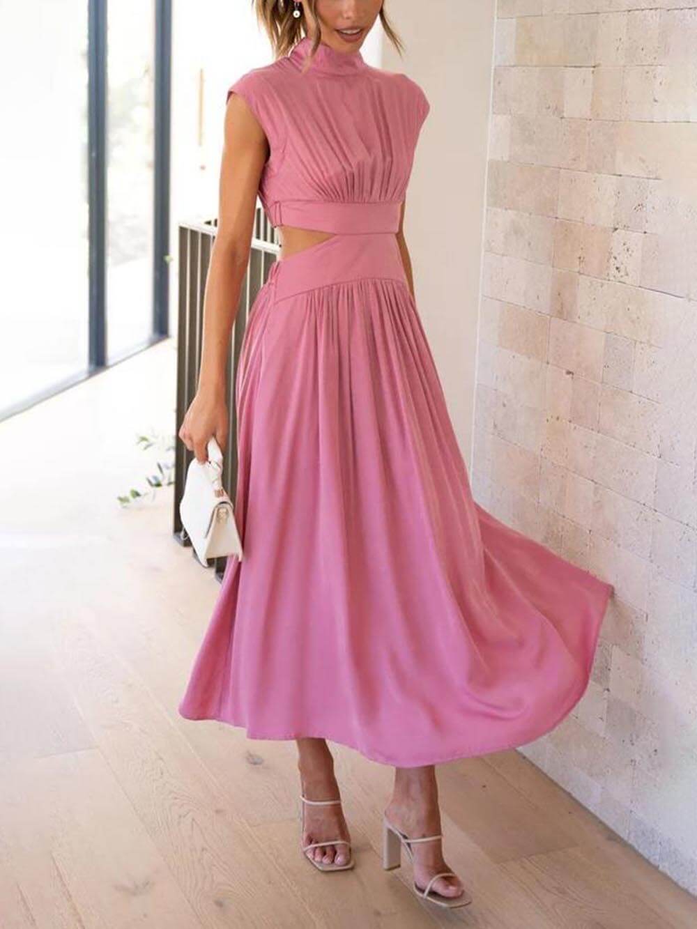Cutout Waist Pocketed Vacation Midi Dress Mssaz Desses